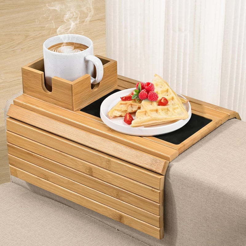 Joy&Grace Sofa Armrest Tray with Large Mug Holder, Bamboo Couch Arm Tray, Anti-Slip Couch Cup Holder Foldable Sofa Arm Table for Eating Drinks Cellphone (Color Natural) - Image 1